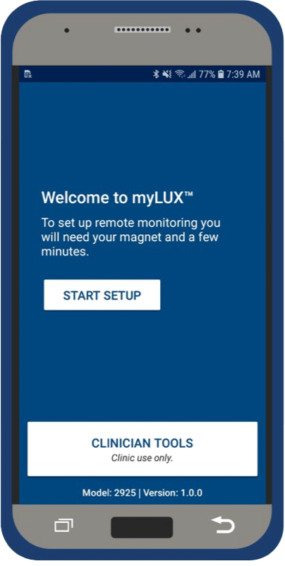 Mobile device showing myLUX app Start Setup screen