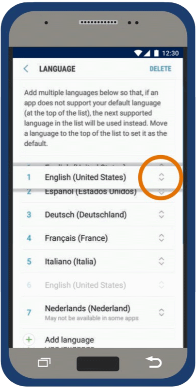 Mobile screen showing change language toggle option