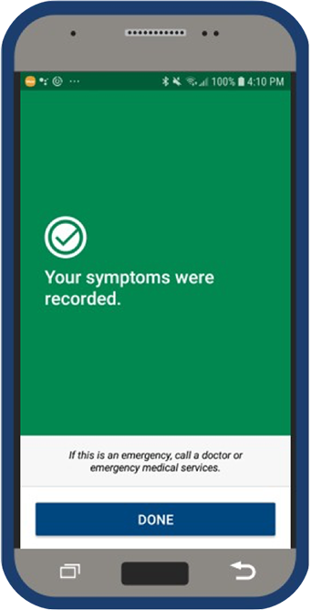 Mobile device with green successful recording of symptoms screen 