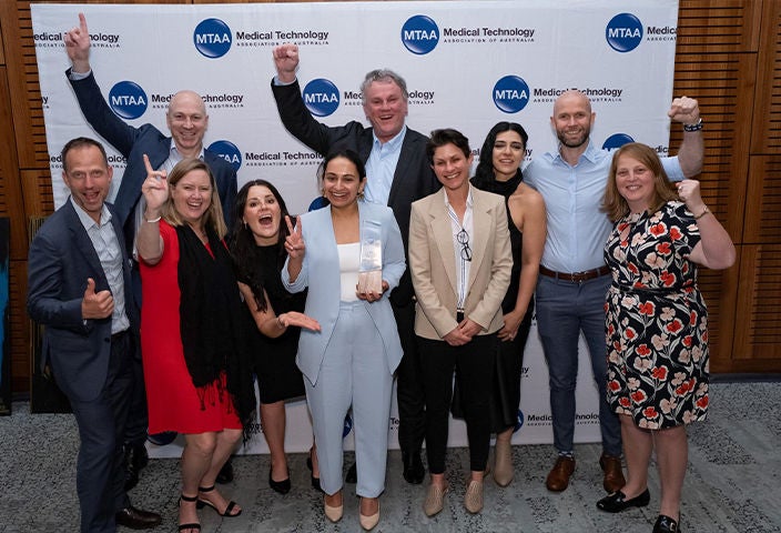 Group photo of smiling Boston Scientific employees celebrating Boston Scientific ANZ wins MTAA Women in MedTech Company Champion Award 2024.