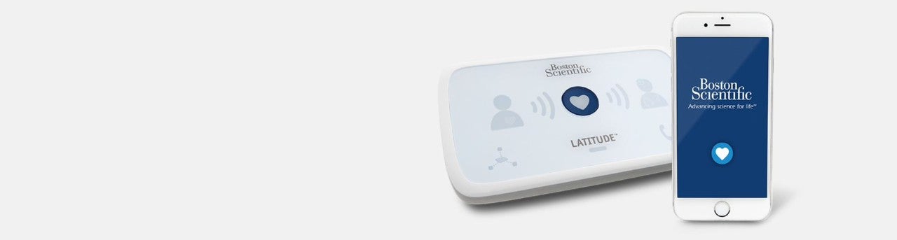 Boston Scientific’s Remote Monitoring System and mobile device with blue Boston Scientific screen