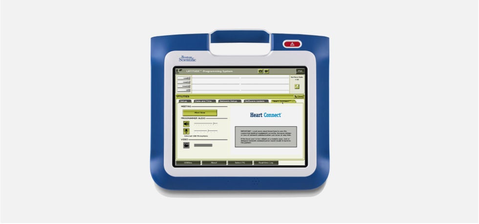 Boston Scientific RhythmCARE customer support person communicating with healthcare provider on monitor.