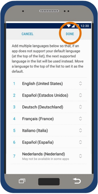 Orange circle on a mobile screen showing the Next link after preferred language was selected