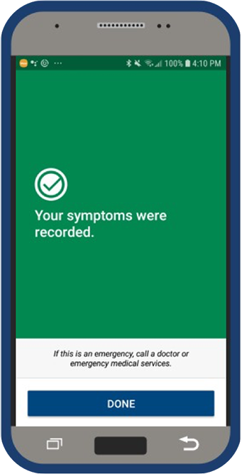 Mobile device with green successful recording of symptoms screen 